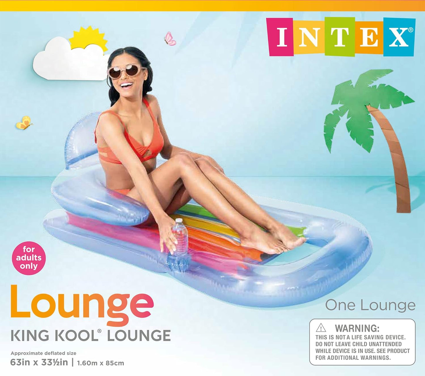58802EP King Kool Inflatable Single Person Lounging Swimming Pool Float with Armrests. Backrest. and Cupholder. Multi-Colored