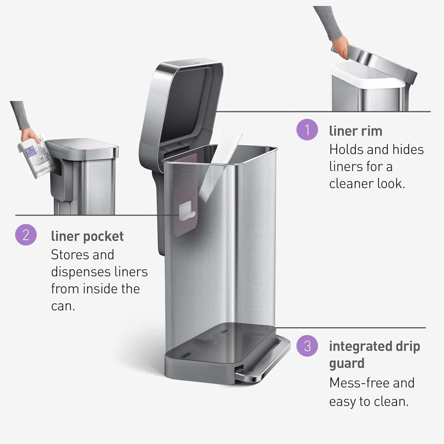 45 Liter / 12 Gallon Rectangular Hands-Free Kitchen Step Trash Can with Soft-Close Lid. Brushed Stainless Steel