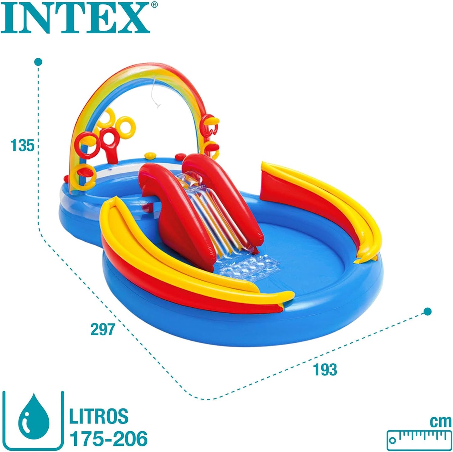 57453EP 9.75 Foot x 6.3 Foot x 53 Inch Multicolor Rainbow Slide Kids Inflatable Pool with Water Slide and Ring Toss for Children Ages 2 and Up