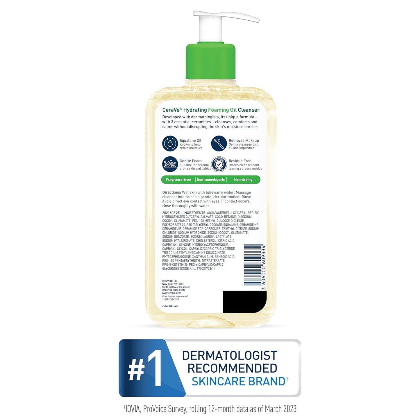 Hydrating Foaming Oil Cleanser. Moisturizing Oil Cleanser for Face & Body. Squalane Oil + Hyaluronic Acid + Ceramides. For Dry to Very Dry Skin. Fragrance Free & Residue Free. 19 FL Oz