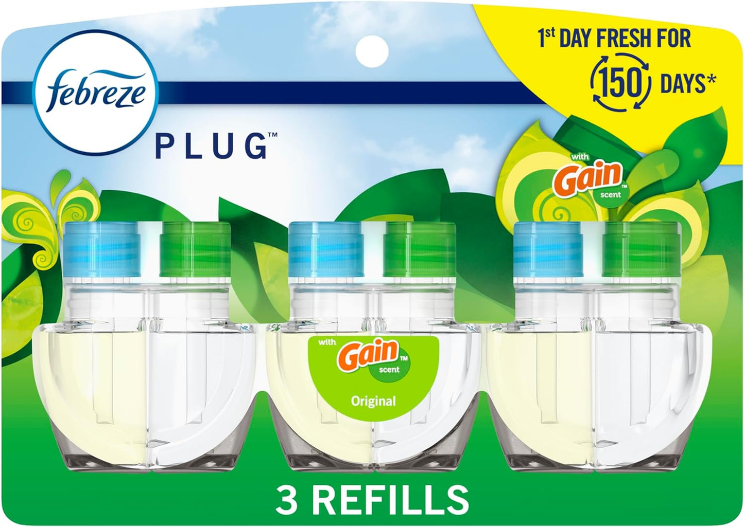 Plug In Air Freshener. Odor-Fighting Scented Oil Refill. Air Fresheners for Home and Bathroom and Kitchen. Long Lasting for Strong Odors. Gain Original Scent. 0.87oz Refills. 3 Count