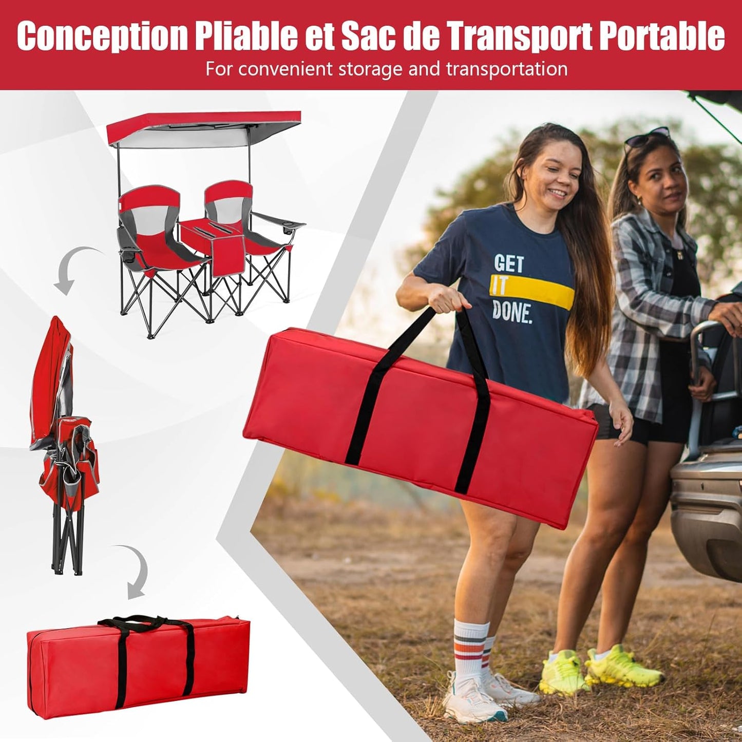Chaise de Camping Pliante 2 Places avec Parasol Amovible et réglable. Chaise de Plage avec Glacière et Porte-Gobelet. pour Pique-Nique. Pêche. Charge 120KG Chaque Siège (Rouge)