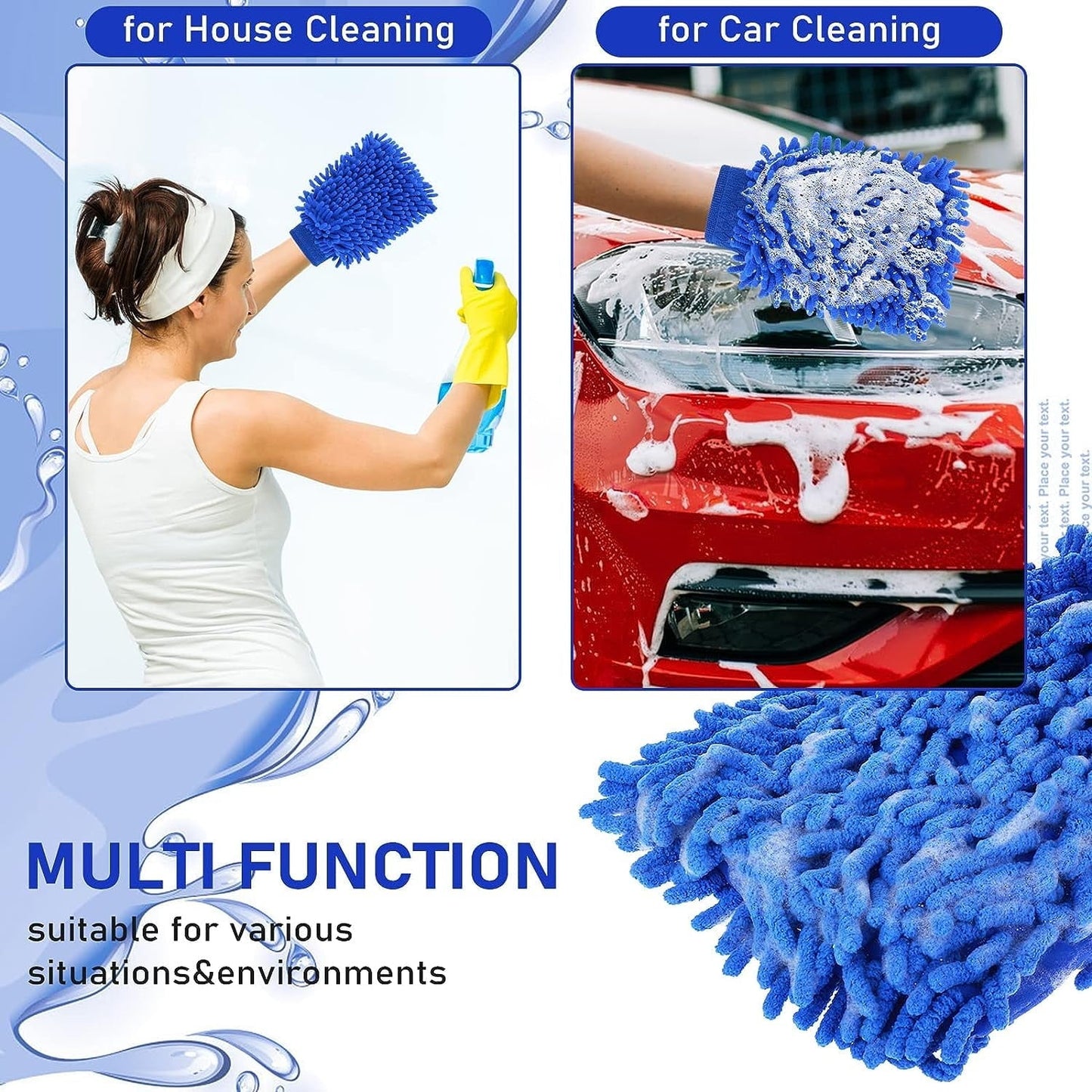 2 PCS Wash Cloths Car Cleaning Supplies Microfiber Towels Brush Wheel Detailing Kit Care Mitt Long Handle Sponge Interior Cleaner Drying Scratch Guard Shampoo Washing Wipes Weave Towel (blue)