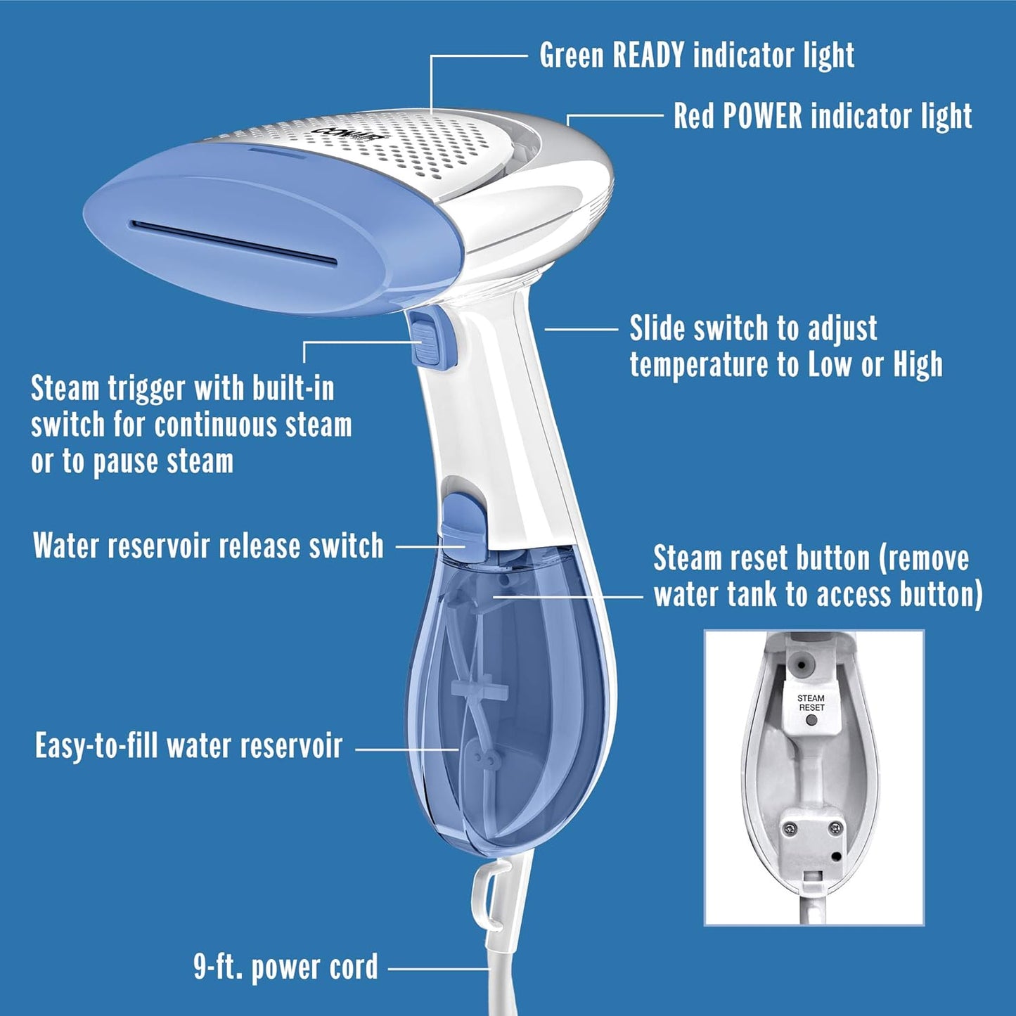 Handheld Garment Steamer for Clothes. ExtremeSteam 1200W. Portable Handheld Design.White/Blue