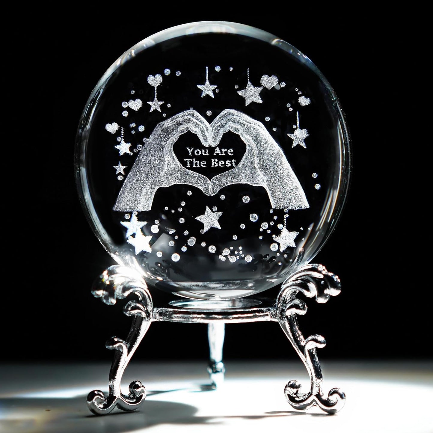 3D Engrving Crystal Lotus Flower Figurine Crystal Ball with Sliver-Plated Flowering Stand Glass Decorative Ball Sphere for Home Decor 2.3 inch (60mm)