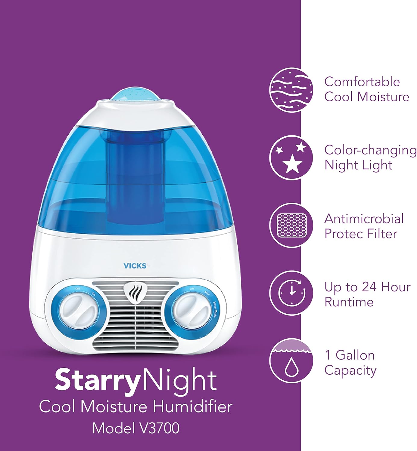 Starry Night Filtered Cool Mist Humidifier. Medium to Large Rooms. 1 Gallon Tank – Cool Mist Humidifier for Baby and Kids Rooms with Light Up Star Night Light Display. Works with Vicks VapoPads