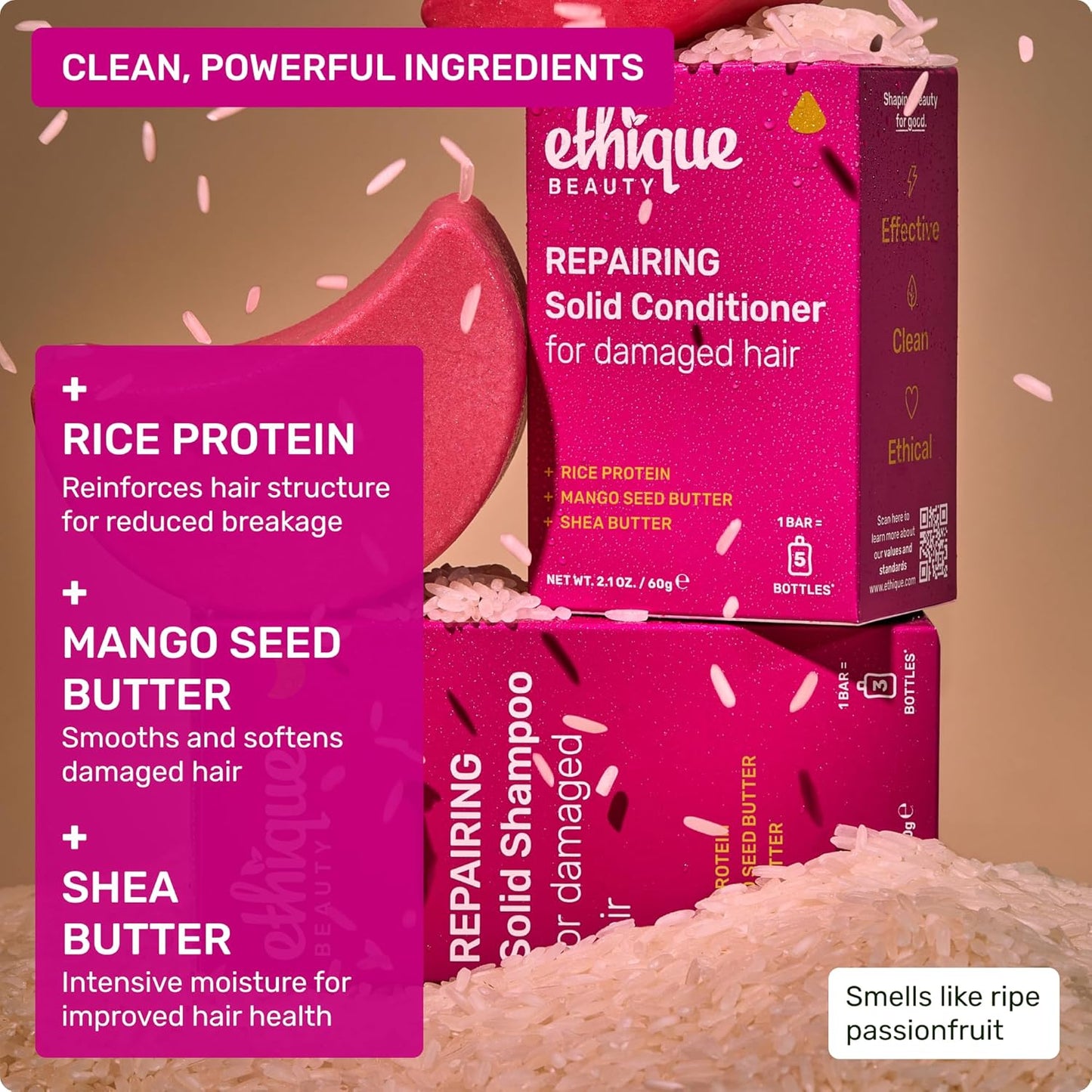 Repairing Conditioner Bar for dry. damaged hair with Rice Protein - Plastic Free. Vegan. Cruelty-Free. 2.12 oz