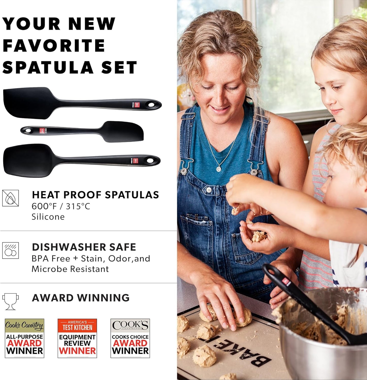 Silicone Spatula Set - Rubber Kitchen Spatulas for Baking. Cooking. & Mixing - 600°F Heat-Resistant & BPA Free Silicone Scraper Spatulas for Nonstick Cookware - Dishwasher Safe (3pc. Black)