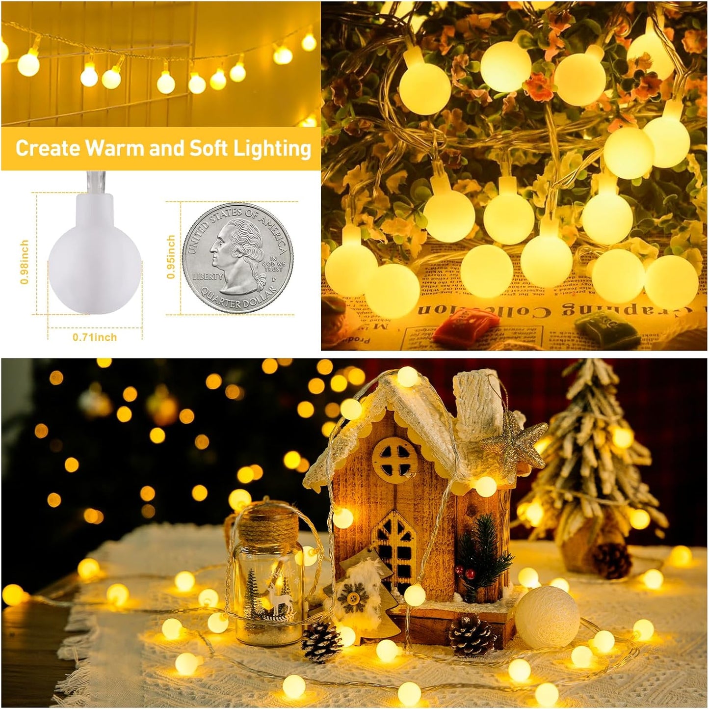 100 LED Connectable Globe String Lights Indoor Bedroom. 33ft Warm White Christmas String Lights Plug in with Remote. 8Mode Hanging Fairy Lights Outdoor for Room Classroom Party Decor