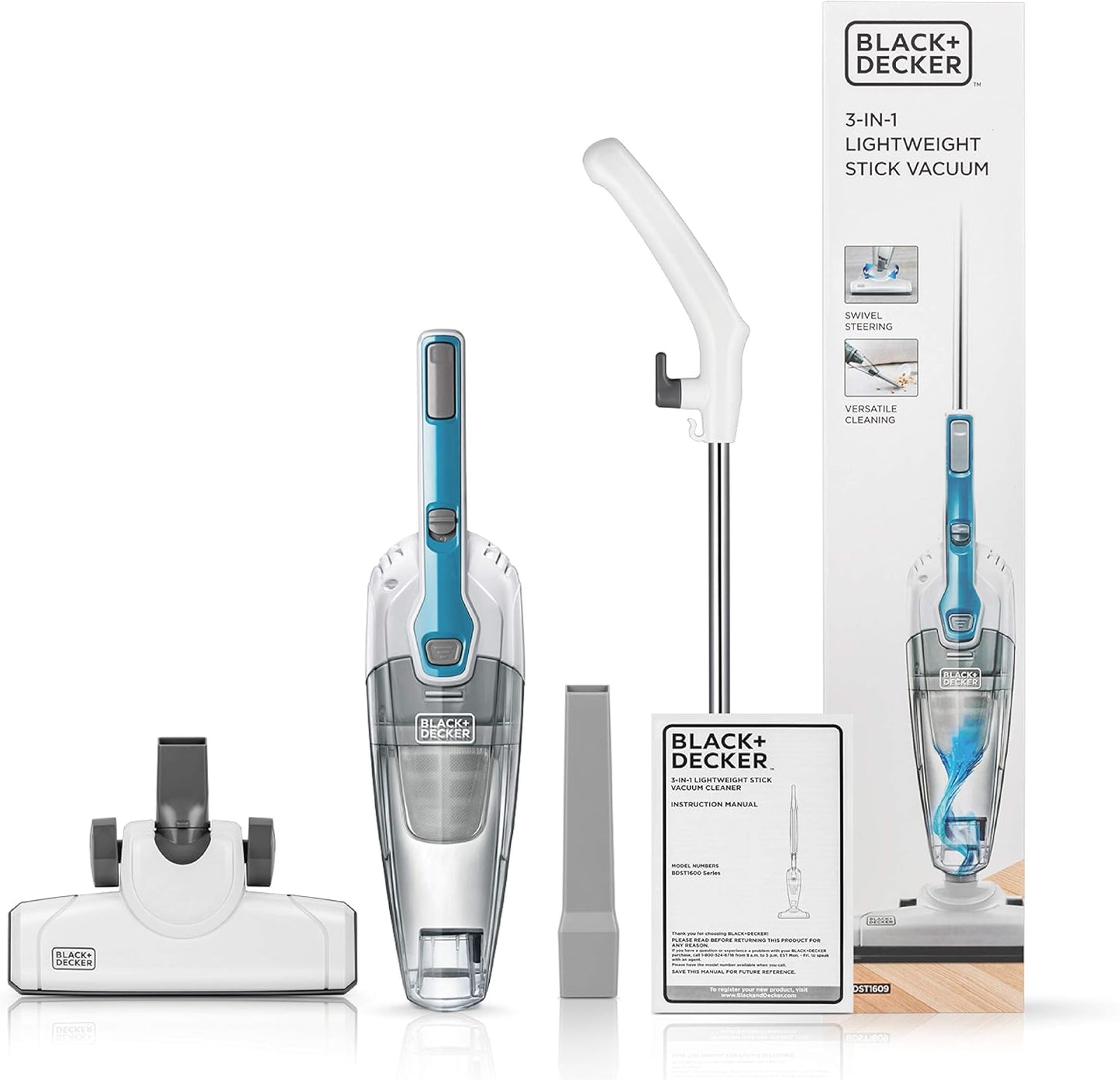 BDST1609 3-in-1 Corded Lightweight Handheld Cleaner & Stick Vacuum Cleaner. White with Aqua Blue