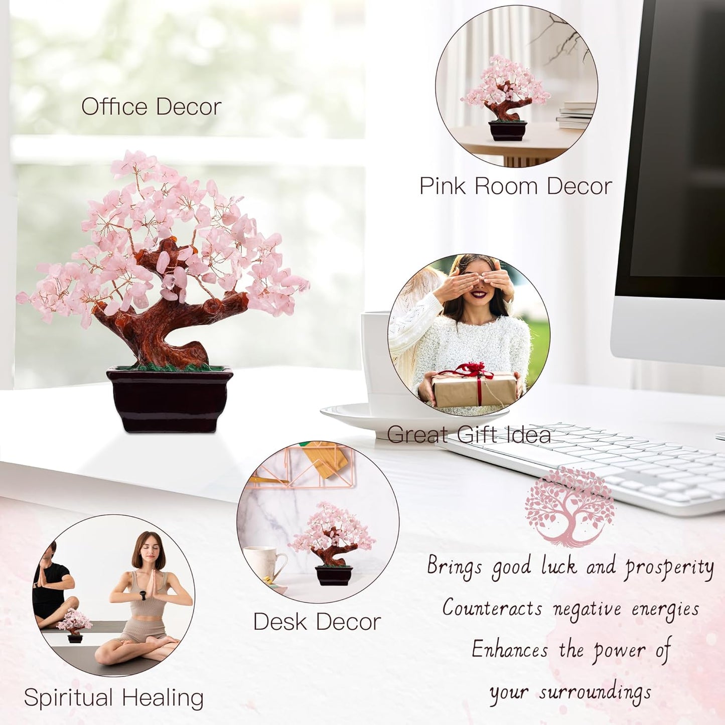 77 Feng Shui Natural Rose Pink Quartz Crystal Money Tree Bonsai Style Decoration for Wealth and Luck
