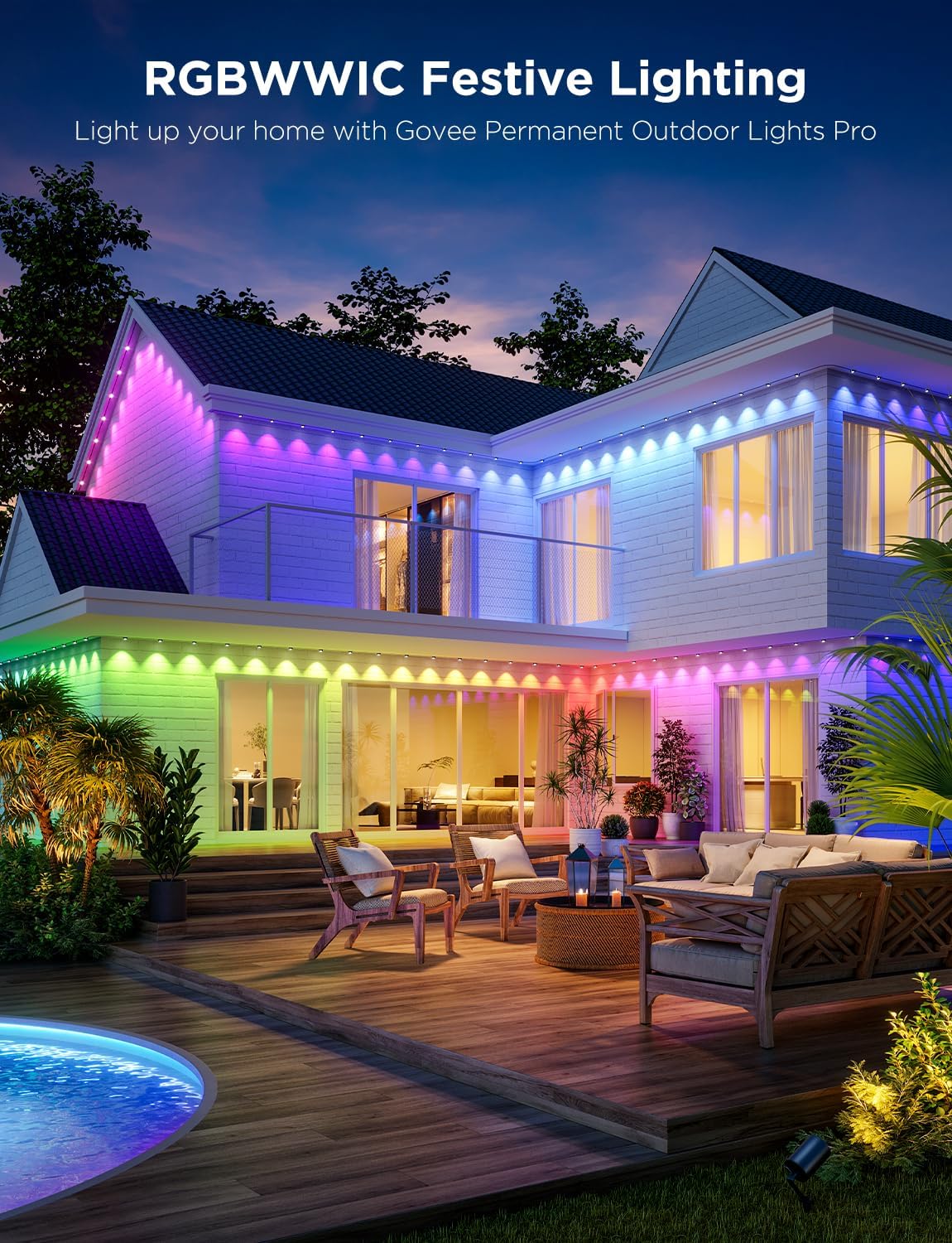 Permanent Outdoor Lights Pro. 200ft with 120 RGBIC LED Lights for Daily and Accent Lighting. 75 Scene Modes for Outdoor Decor. IP67 Waterproof. Works with Alexa. Google Assistant. Matter. White