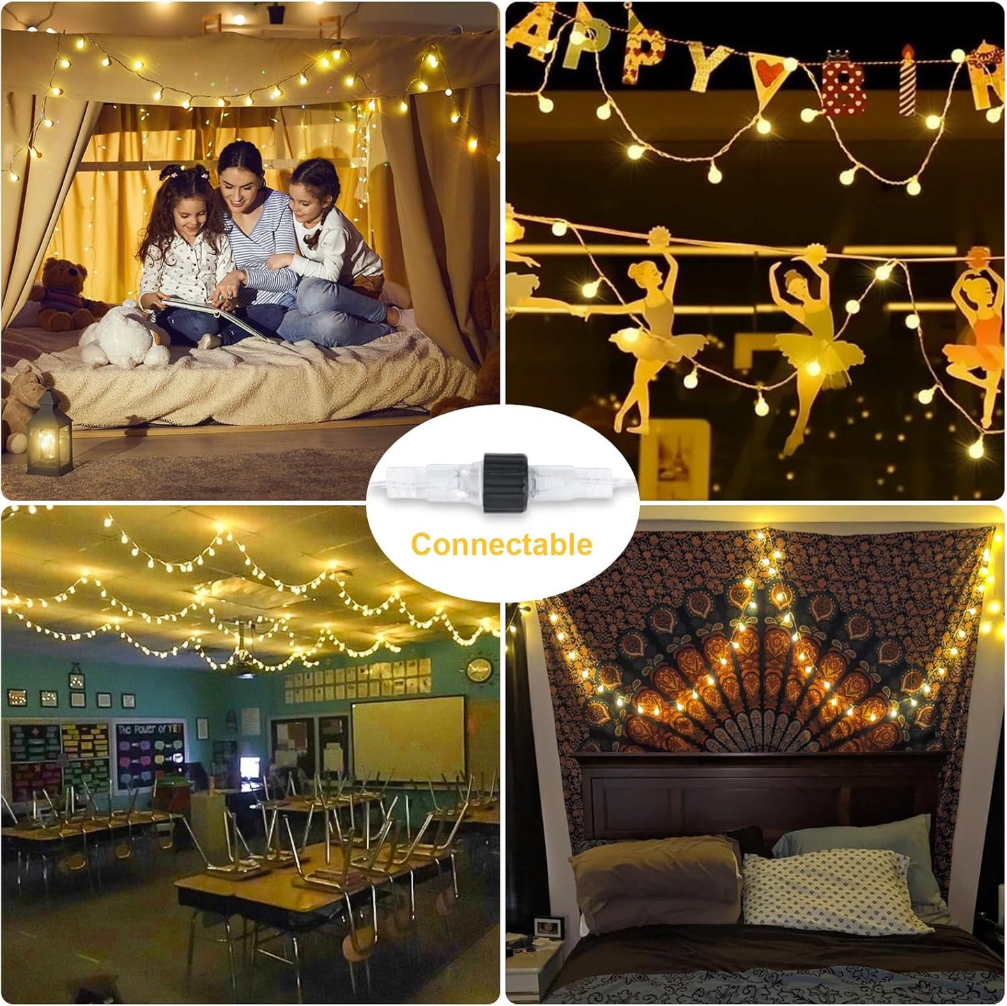100 LED Connectable Globe String Lights Indoor Bedroom. 33ft Warm White Christmas String Lights Plug in with Remote. 8Mode Hanging Fairy Lights Outdoor for Room Classroom Party Decor