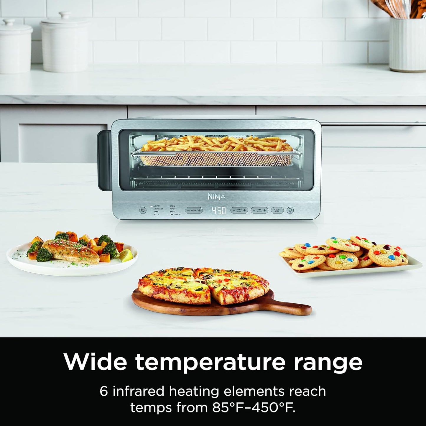 Flip Toaster Oven&Air Fryer. 8-in-1 Functionality. Flip Up&Away Capability for Storage Space. LargeCapacity. Air Fry Basket. SheetPan. Wire Rack&Removable Crumb Tray. Stainless.1800 watts. SP151
