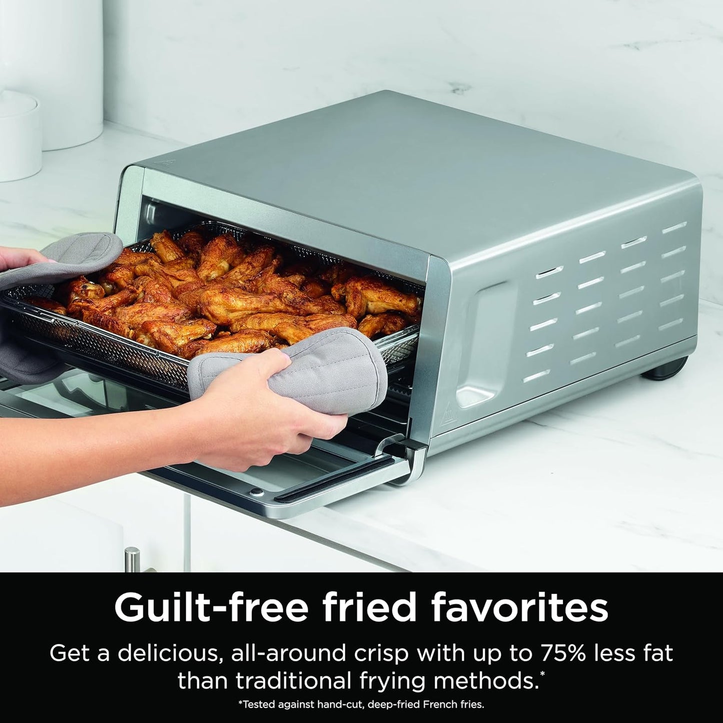 Flip Toaster Oven&Air Fryer. 8-in-1 Functionality. Flip Up&Away Capability for Storage Space. LargeCapacity. Air Fry Basket. SheetPan. Wire Rack&Removable Crumb Tray. Stainless.1800 watts. SP151