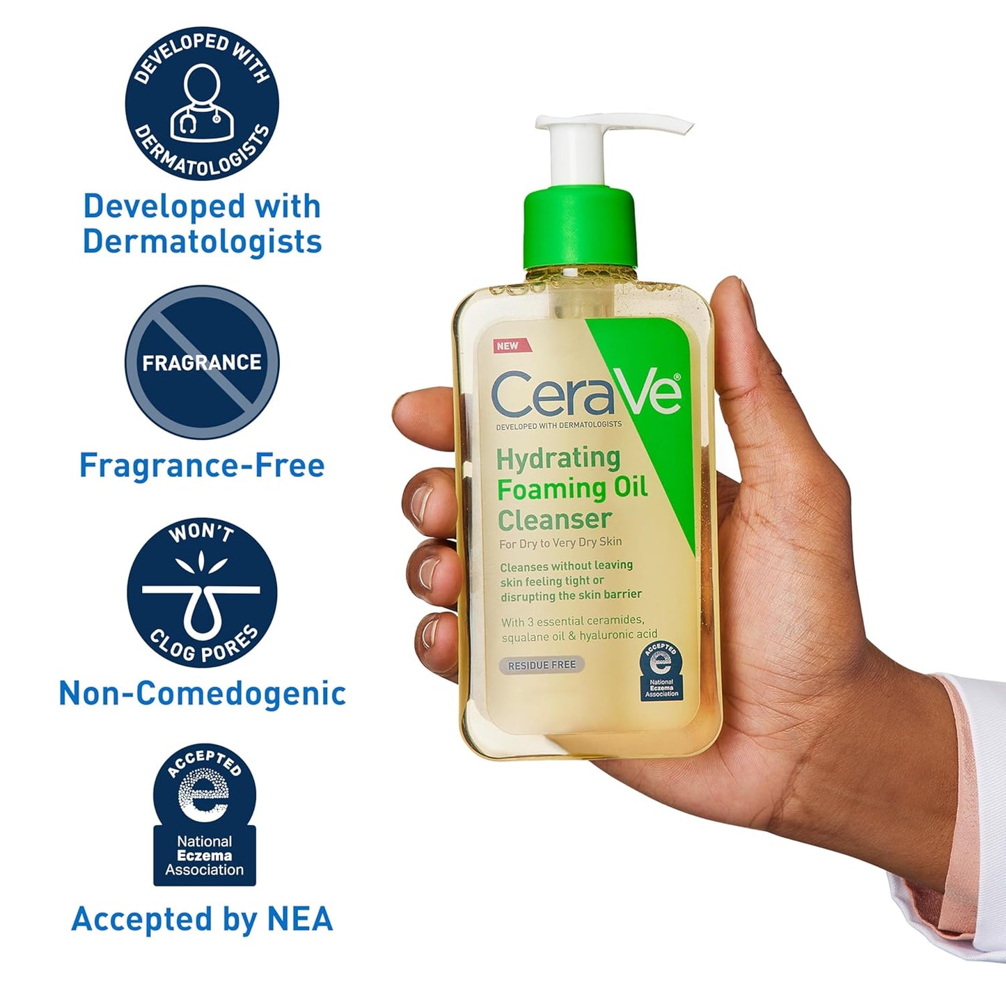 Hydrating Foaming Oil Cleanser. Moisturizing Oil Cleanser for Face & Body. Squalane Oil + Hyaluronic Acid + Ceramides. For Dry to Very Dry Skin. Fragrance Free & Residue Free. 19 FL Oz
