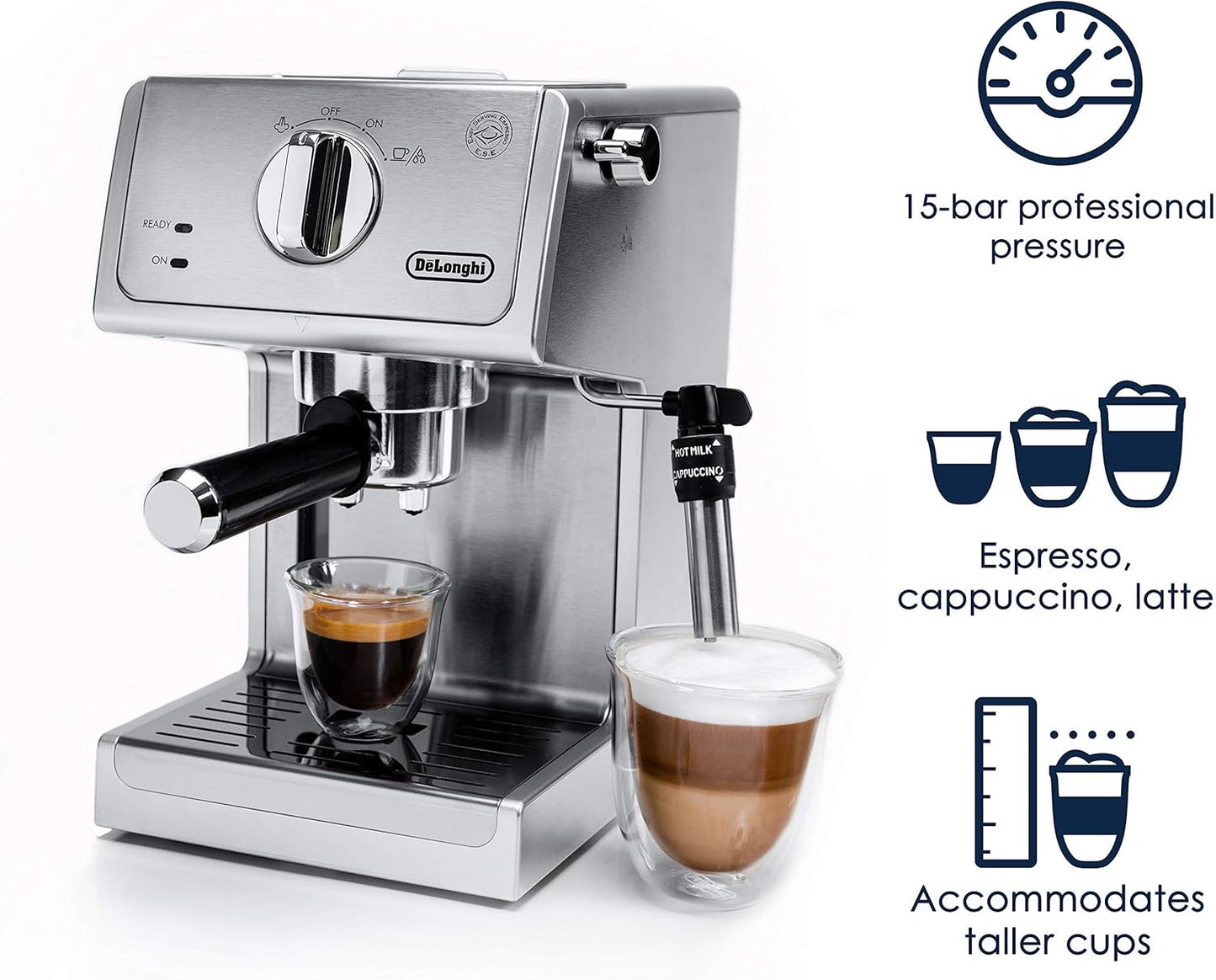 15 Bar Pump Espresso and Cappuccino Machine with Premium Adjustable Frother. Stainless Steel. ECP3630