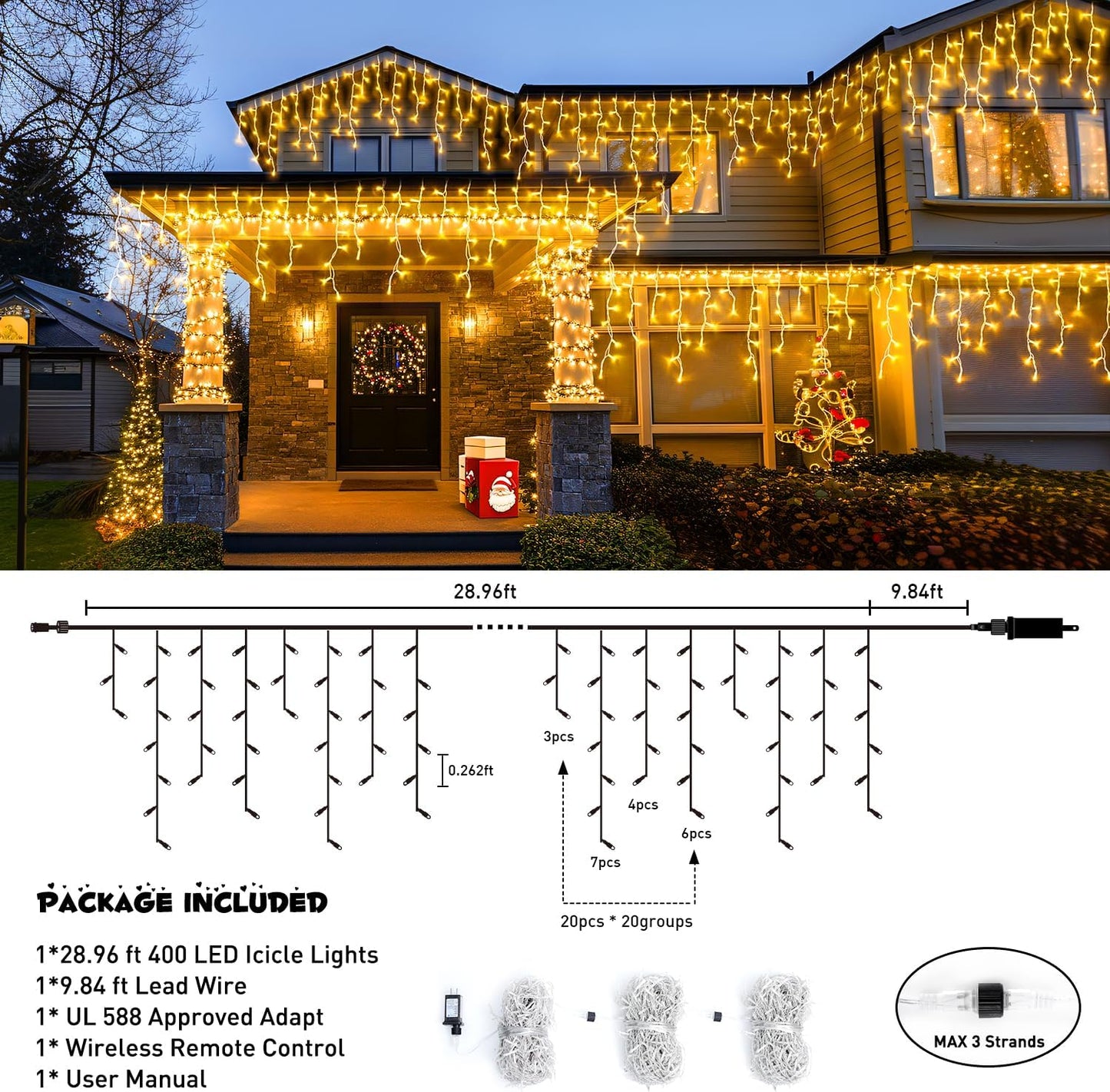 38.8FT Icicle Lights for Outside. 400 LED Icicle Christmas Lights Outdoor Indoor Plug in. Warm White Christmas Icicle Lights with Remote for Wedding House Fireplace Christmas Decorations