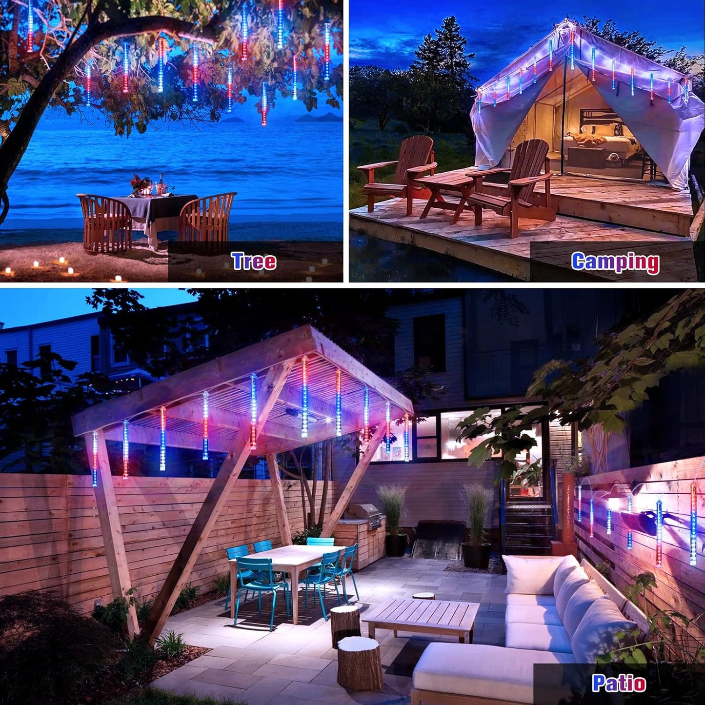 Red White and Blue Solar Lights 8 Tube 144 LEDs Patriotic Solar Meteor Shower Lights Waterproof. 4th of July Lights for Independence Day. Gardens. Tree. Outdoor 4th of July Decorations