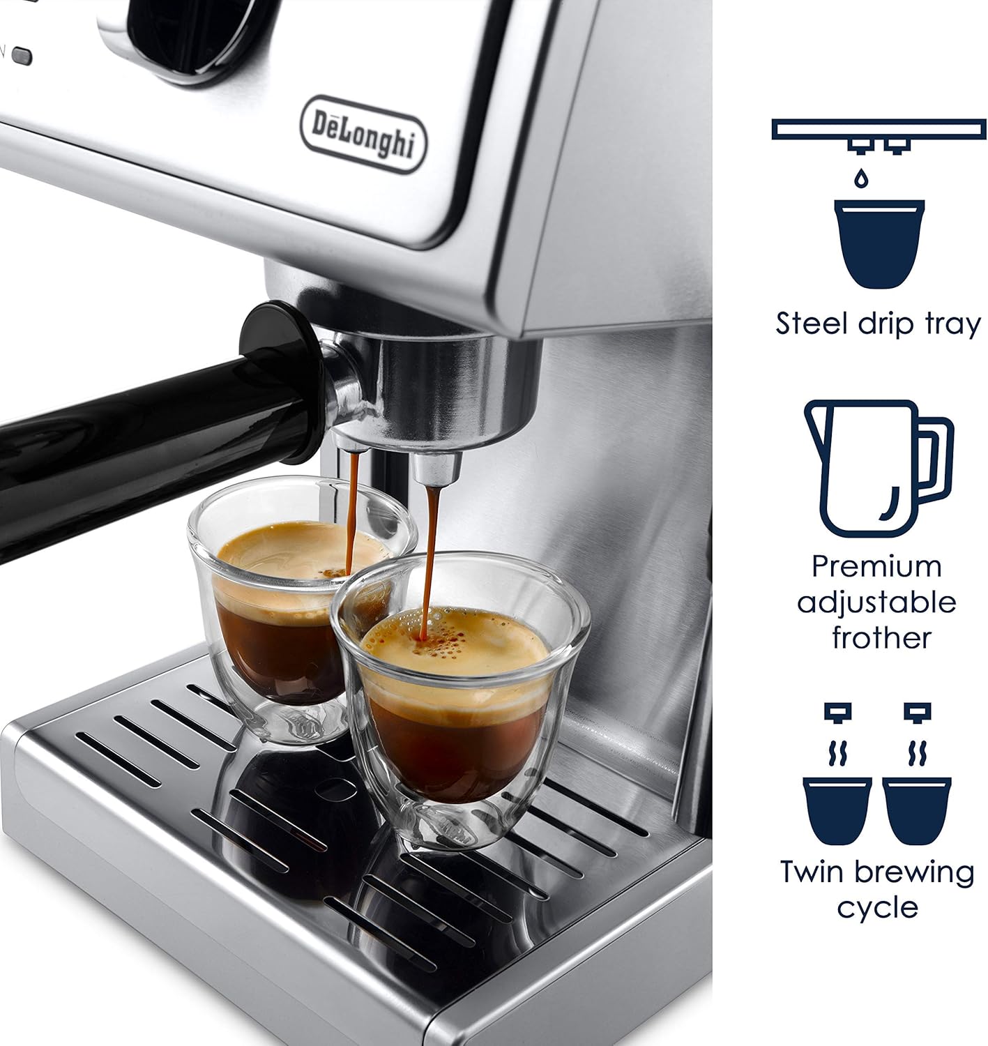 15 Bar Pump Espresso and Cappuccino Machine with Premium Adjustable Frother. Stainless Steel. ECP3630