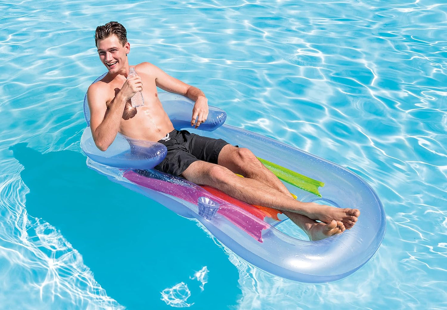 58802EP King Kool Inflatable Single Person Lounging Swimming Pool Float with Armrests. Backrest. and Cupholder. Multi-Colored