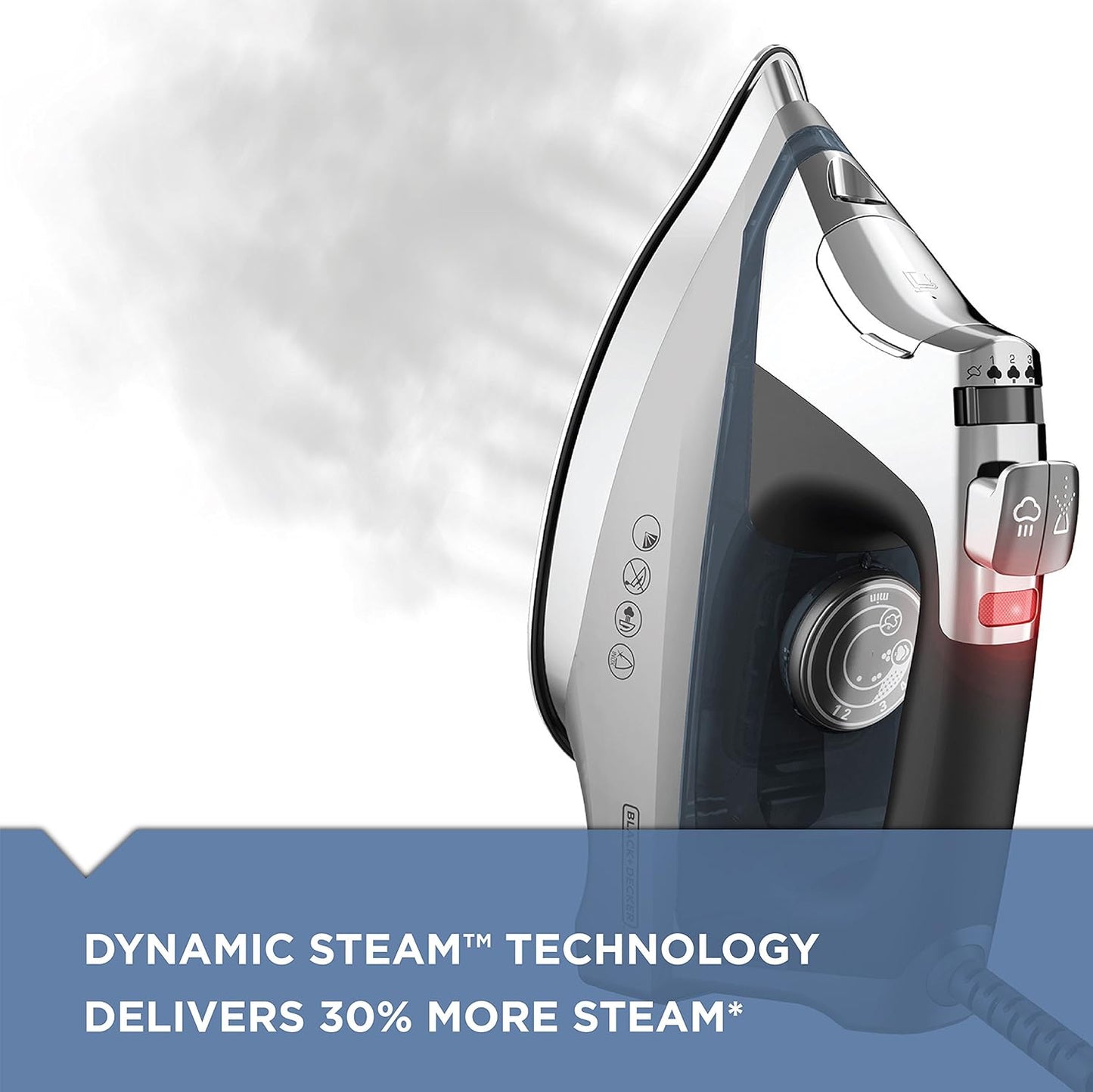Allure Professional Steam Iron. 30% More Steam. Precision Tip. Stainless Steel Soleplate. Vertical Steam Function