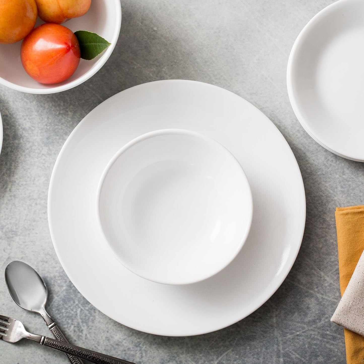 18-Piece Service for 6 Dinnerware Set. Triple Layer Glass and Chip Resistant. Lightweight Round Plates and Bowls Set. Winter Frost White