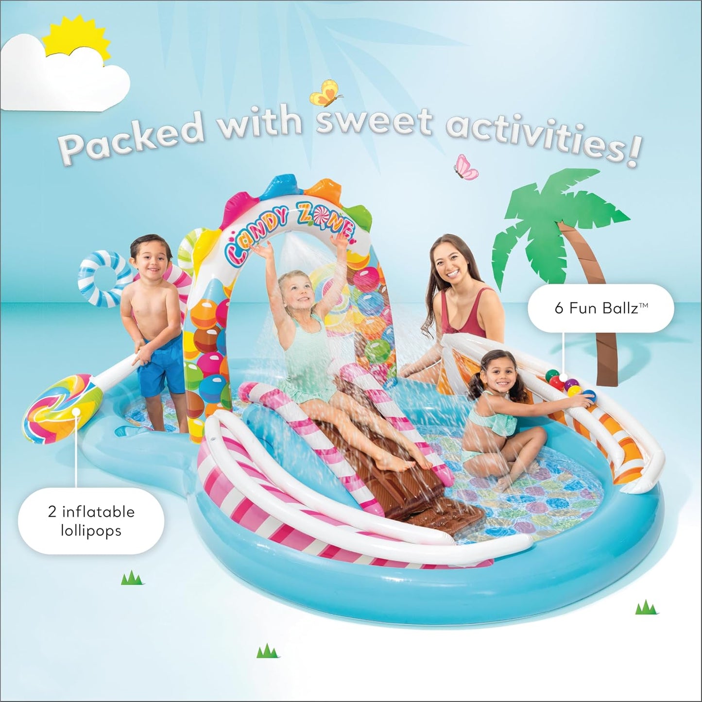 Candy Zone Inflatable Kiddie Pool: Inflatable Kids Pool with Water Sprayer and Slide – Splash Pad – 116 x 75 x 51 – Ages 3+