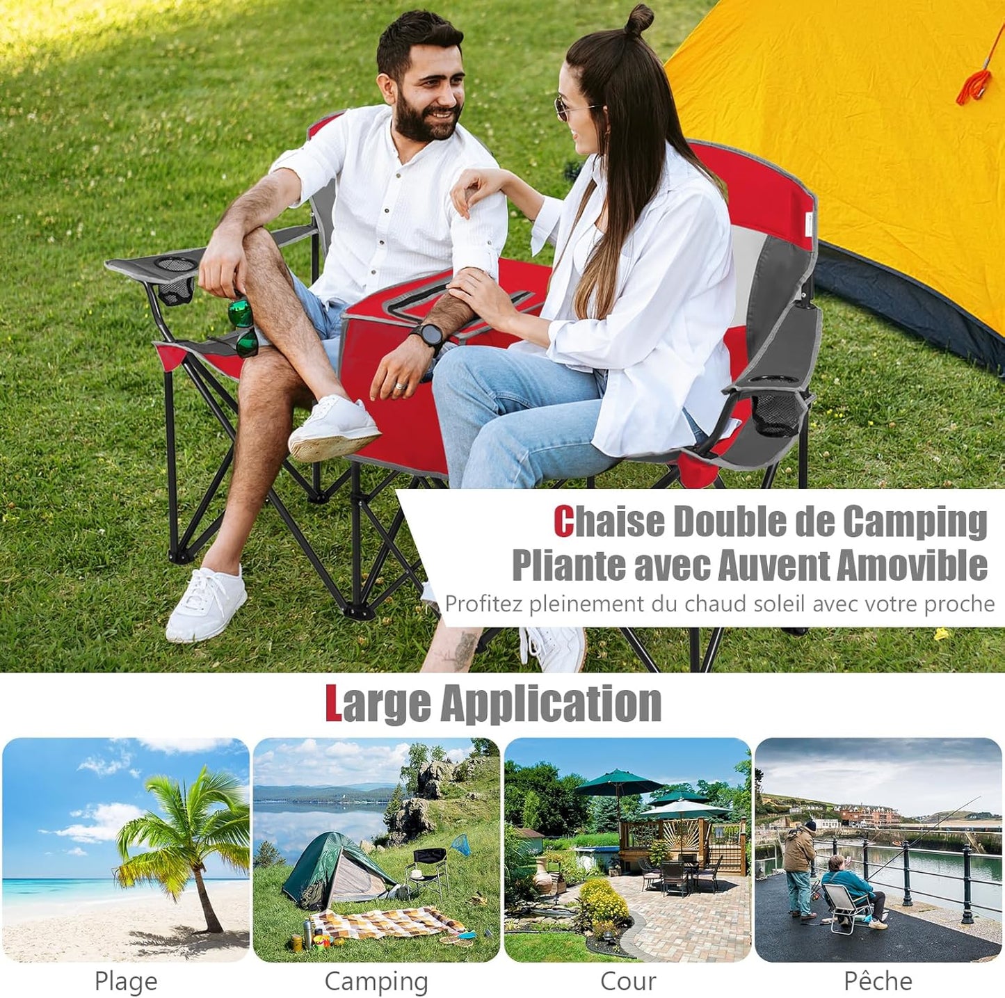 Chaise de Camping Pliante 2 Places avec Parasol Amovible et réglable. Chaise de Plage avec Glacière et Porte-Gobelet. pour Pique-Nique. Pêche. Charge 120KG Chaque Siège (Rouge)