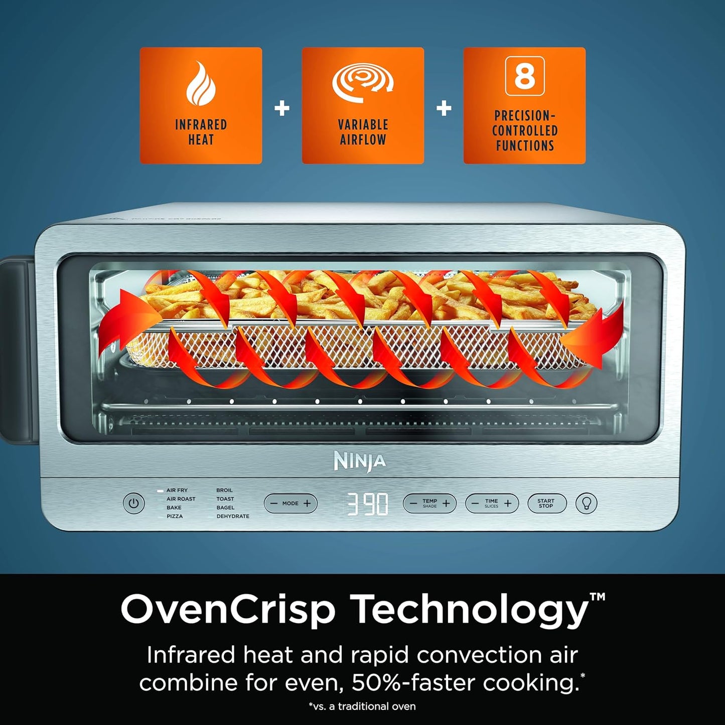 Flip Toaster Oven&Air Fryer. 8-in-1 Functionality. Flip Up&Away Capability for Storage Space. LargeCapacity. Air Fry Basket. SheetPan. Wire Rack&Removable Crumb Tray. Stainless.1800 watts. SP151