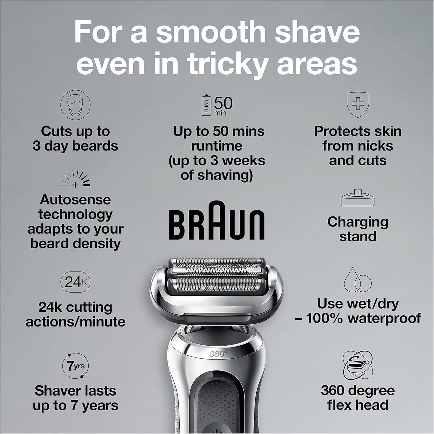 7 7032cs Flex Electric Razor for Men. Wet & Dry. Electric Razor. Rechargeable. Cordless Foil Shaver with Beard Trimmer and Charging Stand. Silver