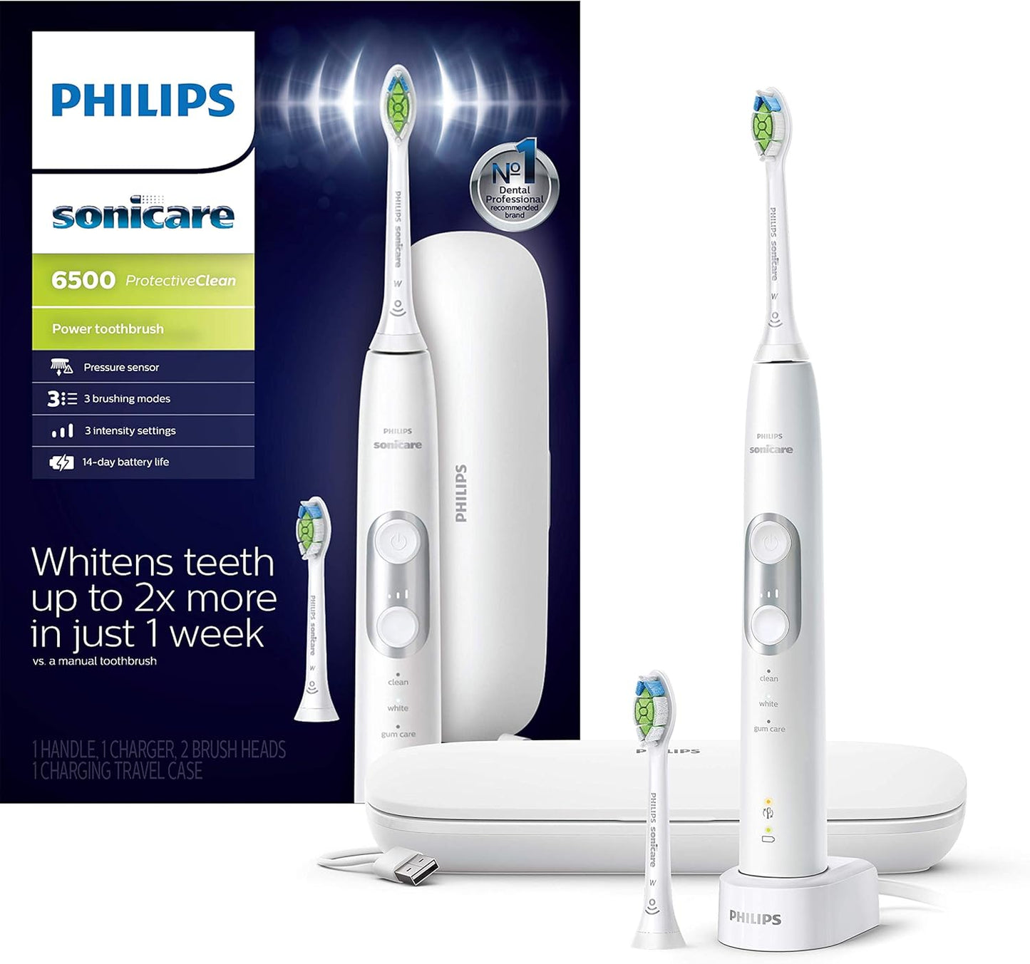 Sonicare ProtectiveClean 6500 Rechargeable Electric Toothbrush. with Pressure Sensor. 3 Cleaning Modes. SmarTimer and QuadPacer. 14-Day Battery Life. Charging Travel Case. White. HX6462/05