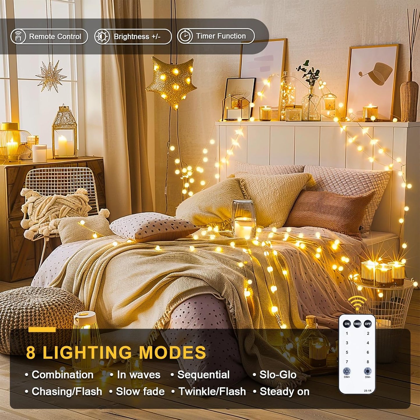 100 LED Connectable Globe String Lights Indoor Bedroom. 33ft Warm White Christmas String Lights Plug in with Remote. 8Mode Hanging Fairy Lights Outdoor for Room Classroom Party Decor
