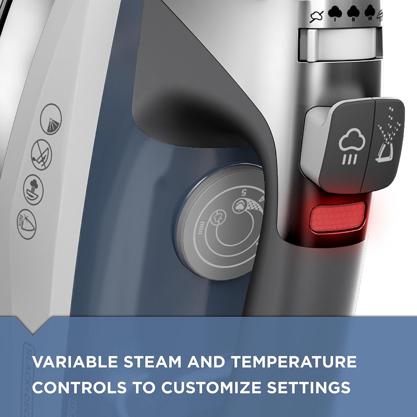 Allure Professional Steam Iron. 30% More Steam. Precision Tip. Stainless Steel Soleplate. Vertical Steam Function