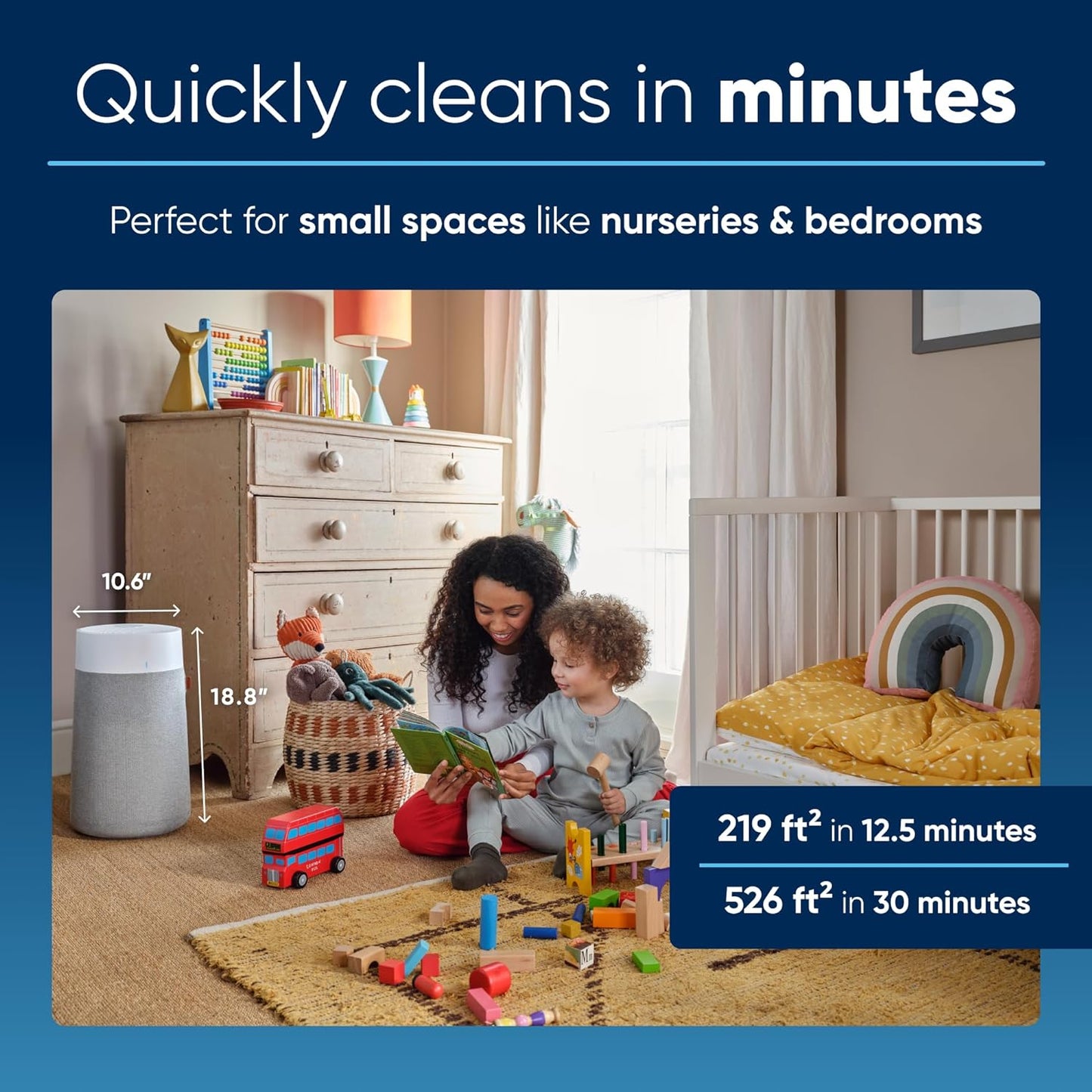 Air Purifiers for Small Rooms. Bedroom. Cleans 1.052 sqft in one hour. Air Cleaner for Home. Baby. Nursery. Pets. Allergies. Virus - Blue Pure 411i Max
