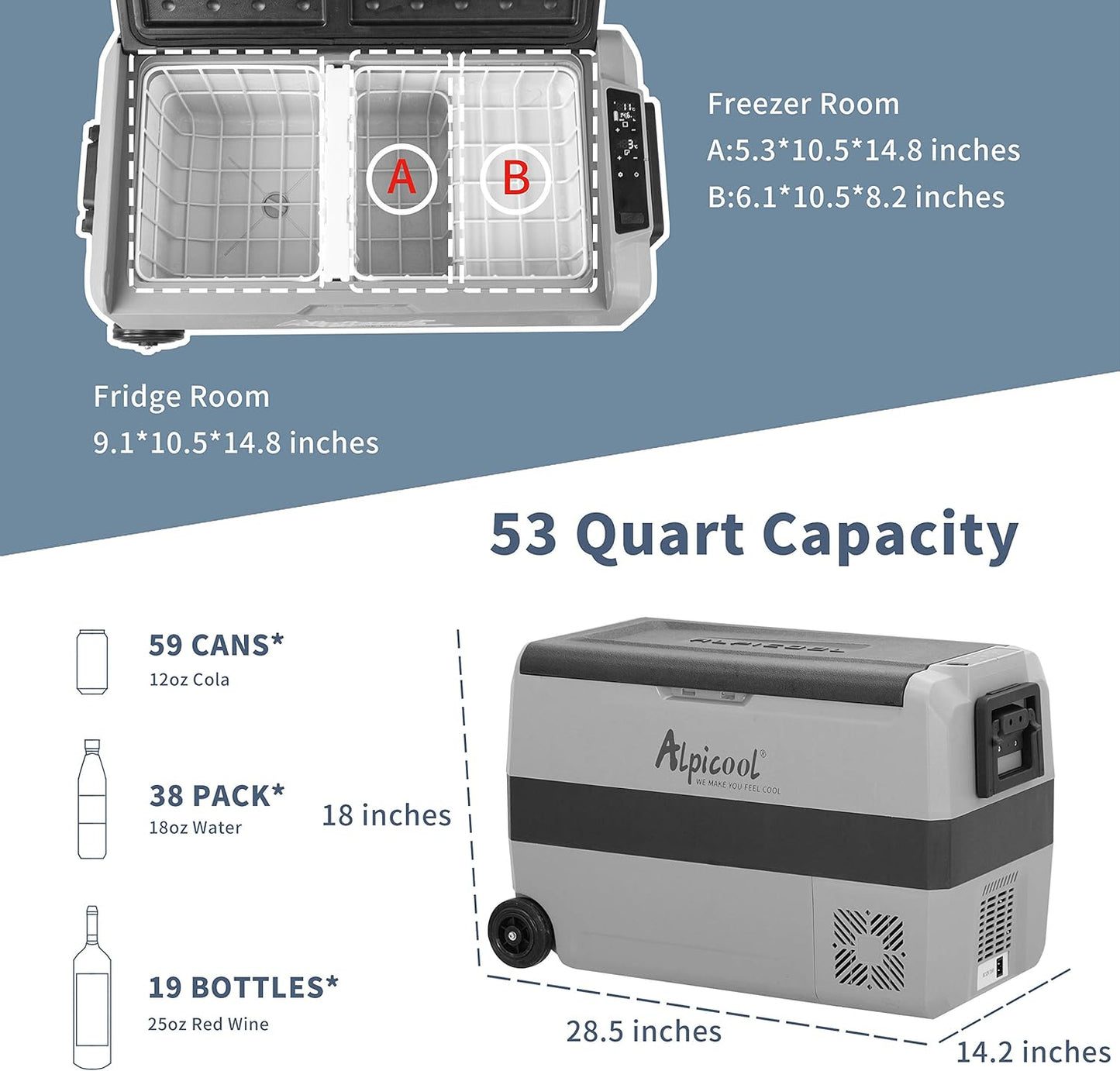 T50 Dual Temperature Control 12 Volt Refrigerator 53 Quart Portable Car Fridge Freezer (-4°F~68°F) for Truck. RV. Boat. Camping and Travel