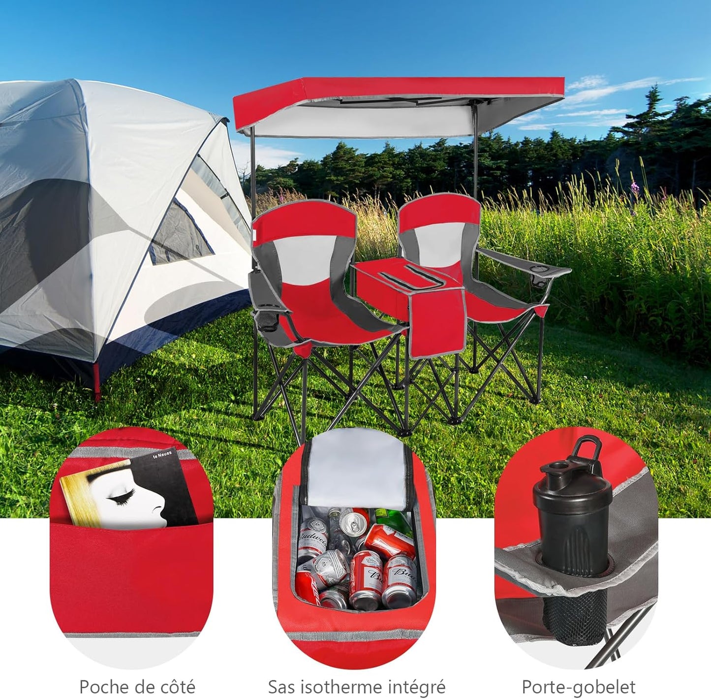 Chaise de Camping Pliante 2 Places avec Parasol Amovible et réglable. Chaise de Plage avec Glacière et Porte-Gobelet. pour Pique-Nique. Pêche. Charge 120KG Chaque Siège (Rouge)