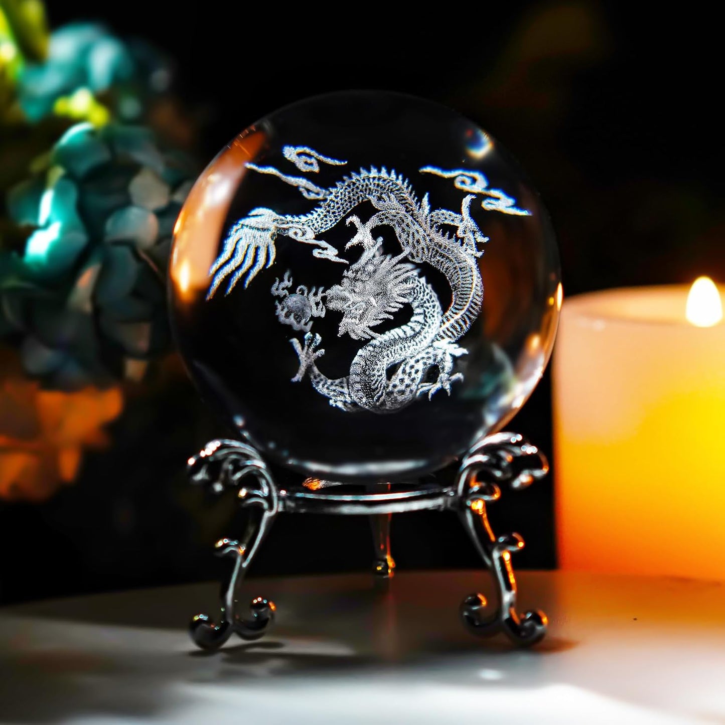 3D Engrving Crystal Lotus Flower Figurine Crystal Ball with Sliver-Plated Flowering Stand Glass Decorative Ball Sphere for Home Decor 2.3 inch (60mm)