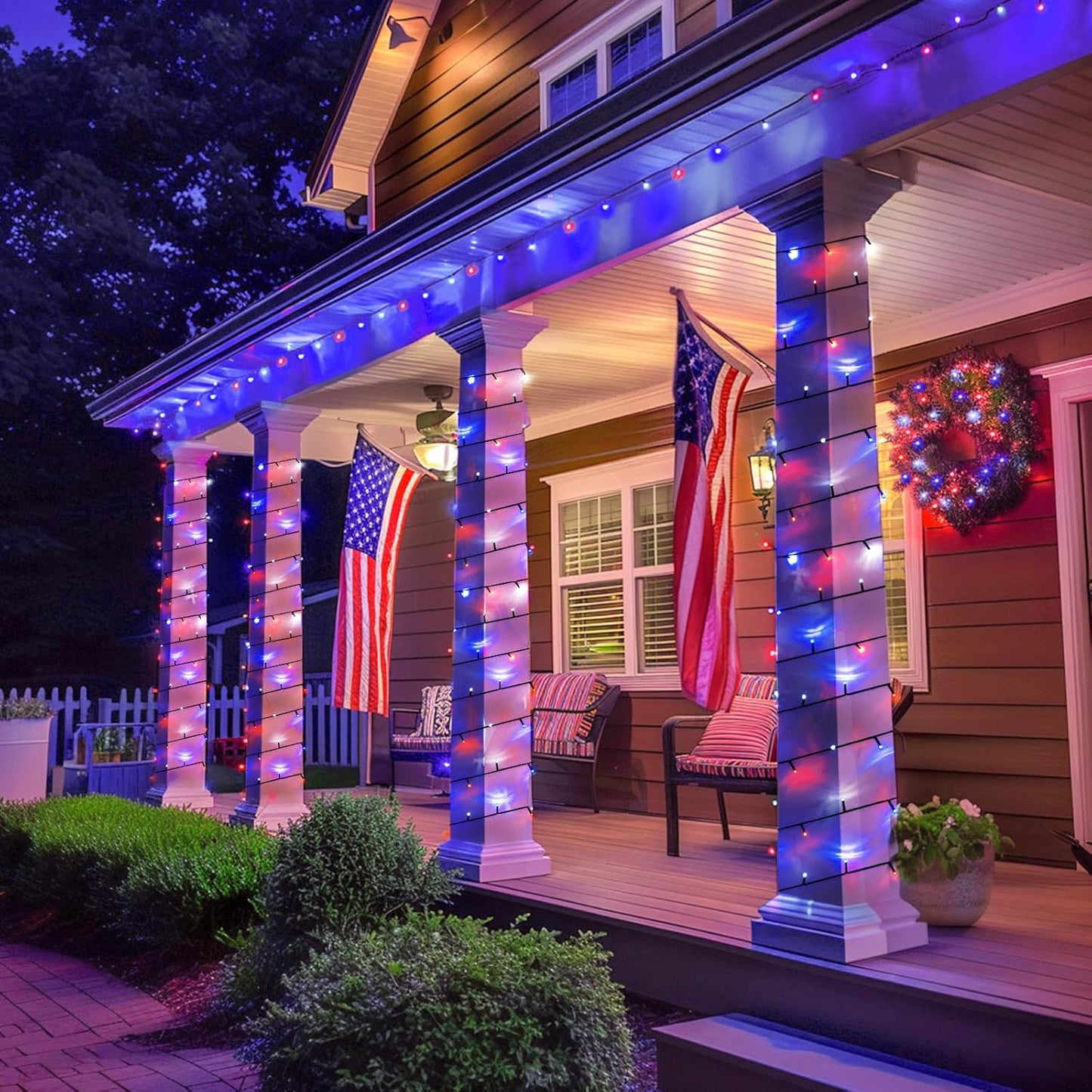 2 Pack Red White and Blue Solar Lights 100LED 33ft Patriot Solar String Lights Waterproof. 8 Modes 4th of July Lights for Independence Day. Gardens. Tree. Outdoor 4th of July Decorations