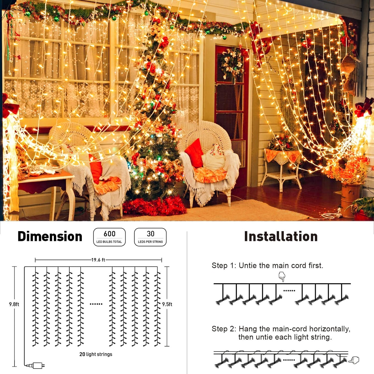 600 LED Christmas Curtain Lights Outdoor. 9.5x19.6ft Christmas String Lights Plug in with Remote. 8 Modes Wall Hanging Lights for Bedroom Party Backdrop Wedding Christmas Decor. Warm White