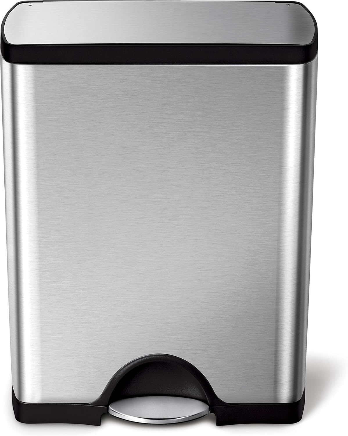 Rectangular Dual Compartment Recycling Kitchen Step Trash Can. 46 Liter. Brushed Stainless Steel