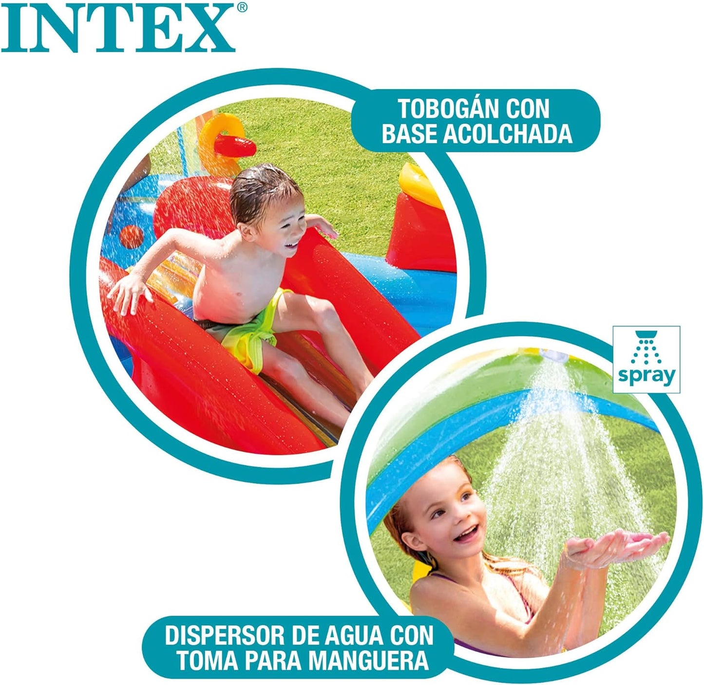 57453EP 9.75 Foot x 6.3 Foot x 53 Inch Multicolor Rainbow Slide Kids Inflatable Pool with Water Slide and Ring Toss for Children Ages 2 and Up