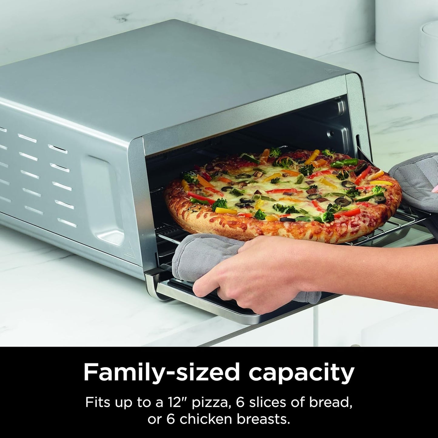 Flip Toaster Oven&Air Fryer. 8-in-1 Functionality. Flip Up&Away Capability for Storage Space. LargeCapacity. Air Fry Basket. SheetPan. Wire Rack&Removable Crumb Tray. Stainless.1800 watts. SP151