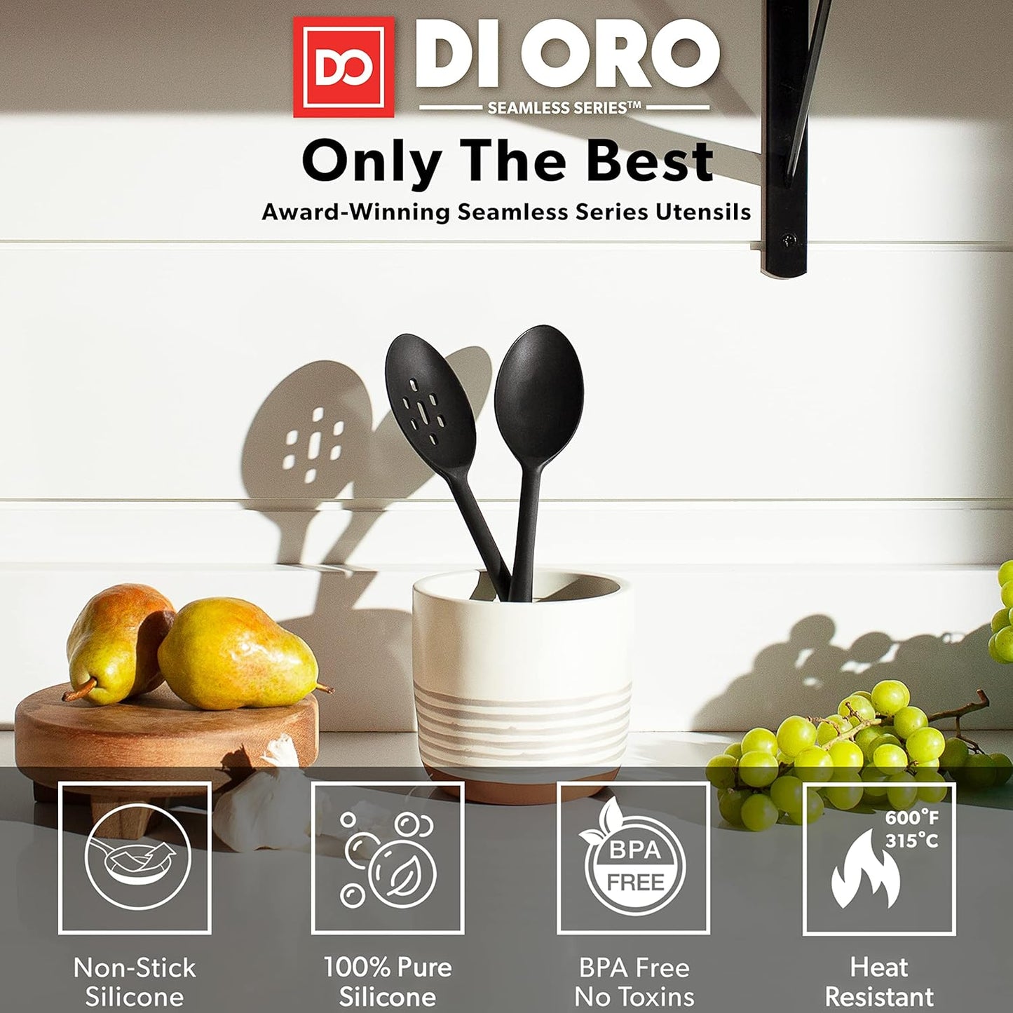 Silicone Spoons for Cooking - Large Kitchen Spoons for Mixing. Serving. & Stirring - 600°F Heat-Resistant Non Stick Utensils – Big Solid & Slotted Basting Spoons - Dishwasher Safe (2pc. Black)