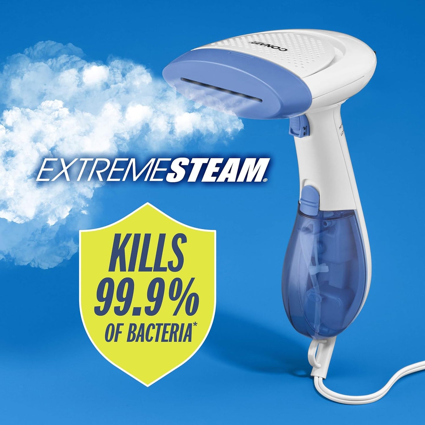 Handheld Garment Steamer for Clothes. ExtremeSteam 1200W. Portable Handheld Design.White/Blue