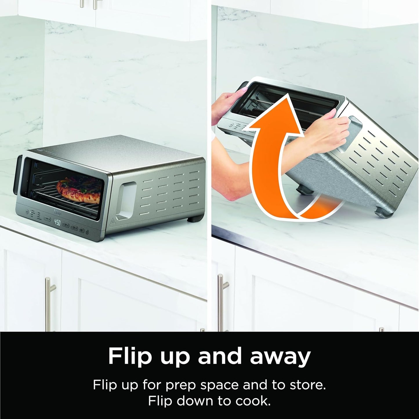 Flip Toaster Oven&Air Fryer. 8-in-1 Functionality. Flip Up&Away Capability for Storage Space. LargeCapacity. Air Fry Basket. SheetPan. Wire Rack&Removable Crumb Tray. Stainless.1800 watts. SP151