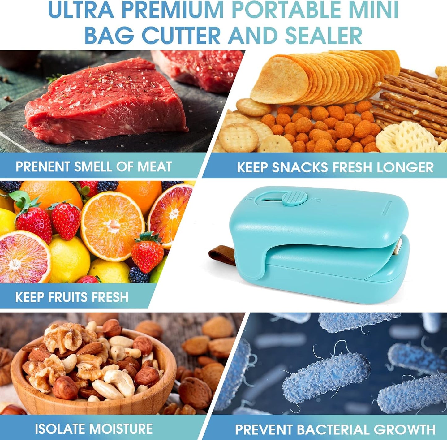 Mini Bag Sealer. Handheld Heat Vacuum Sealer. 2 in 1 Sealer and Cutter with Lanyard. Portable Resealer Machine for Plastic Bags Food Storage Snacks Freshness (2xAA Batteries Included)