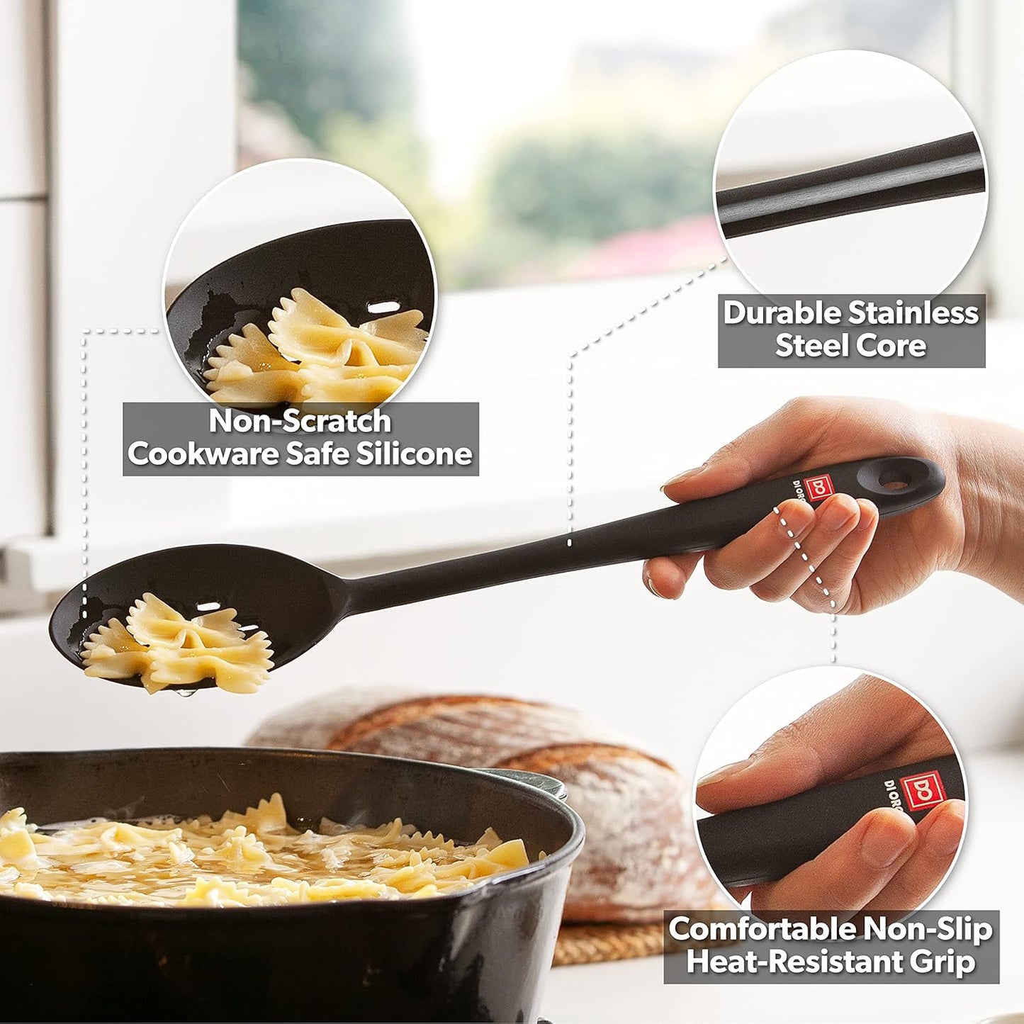 Silicone Spoons for Cooking - Large Kitchen Spoons for Mixing. Serving. & Stirring - 600°F Heat-Resistant Non Stick Utensils – Big Solid & Slotted Basting Spoons - Dishwasher Safe (2pc. Black)