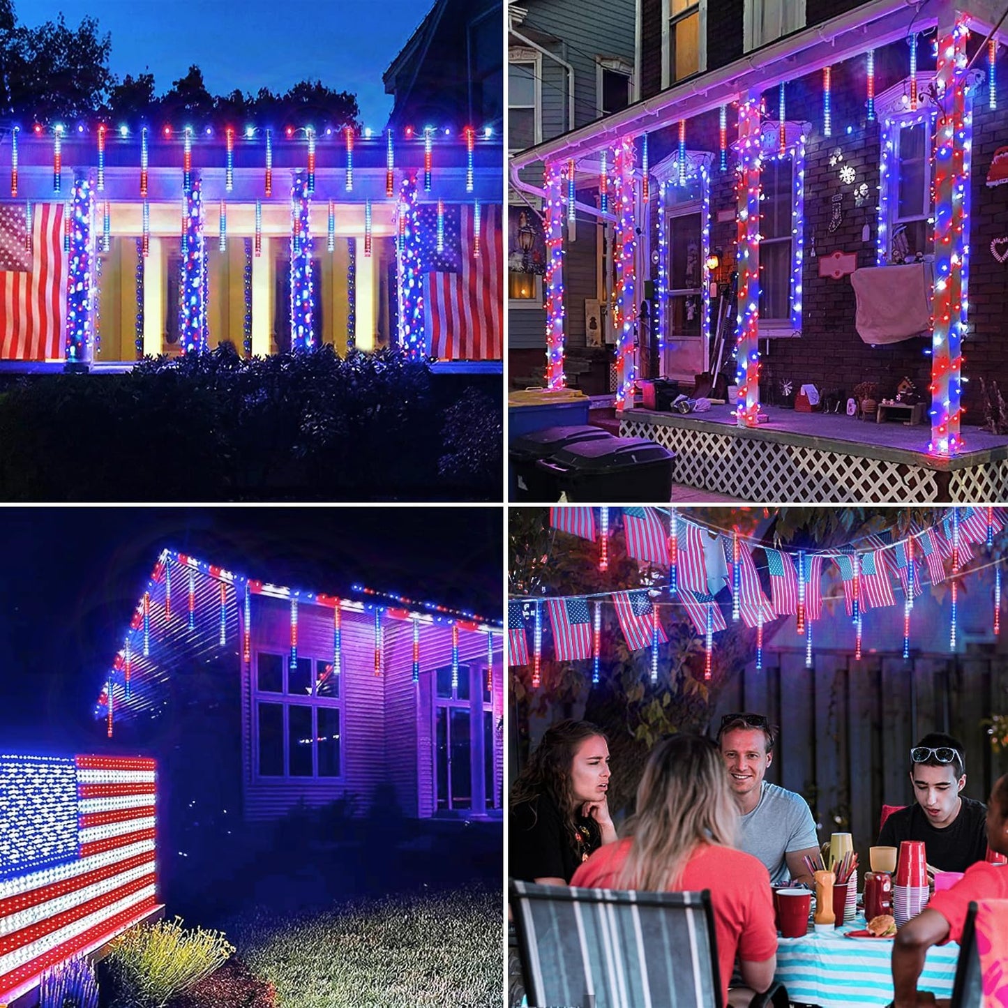 Red White and Blue Solar Lights 8 Tube 144 LEDs Patriotic Solar Meteor Shower Lights Waterproof. 4th of July Lights for Independence Day. Gardens. Tree. Outdoor 4th of July Decorations