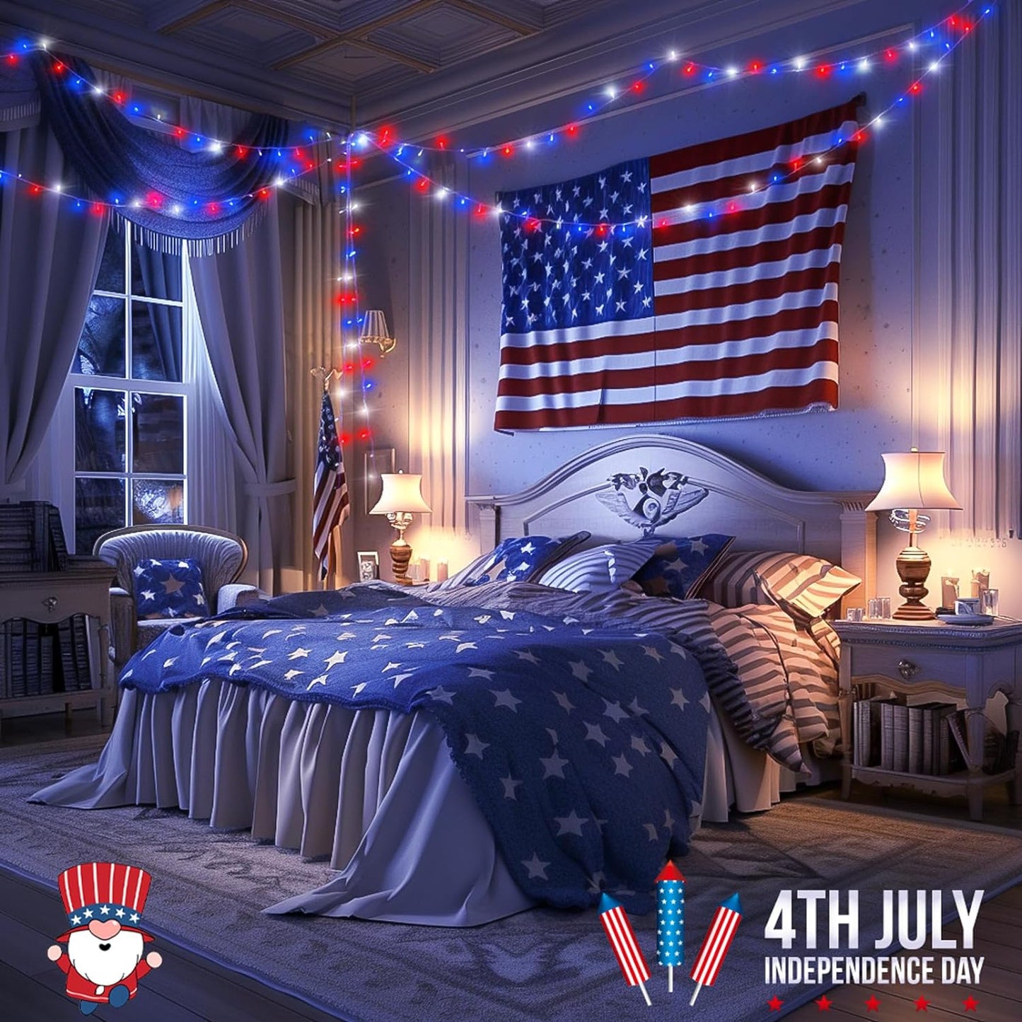4th of July Decorations 100 LED String Lights Indoor. 33ft Red White and Blue Lights Plug-in. 8 Modes Patriotic 4th of July Lights for Indoor Outdoor Independence Day American Flag Holiday